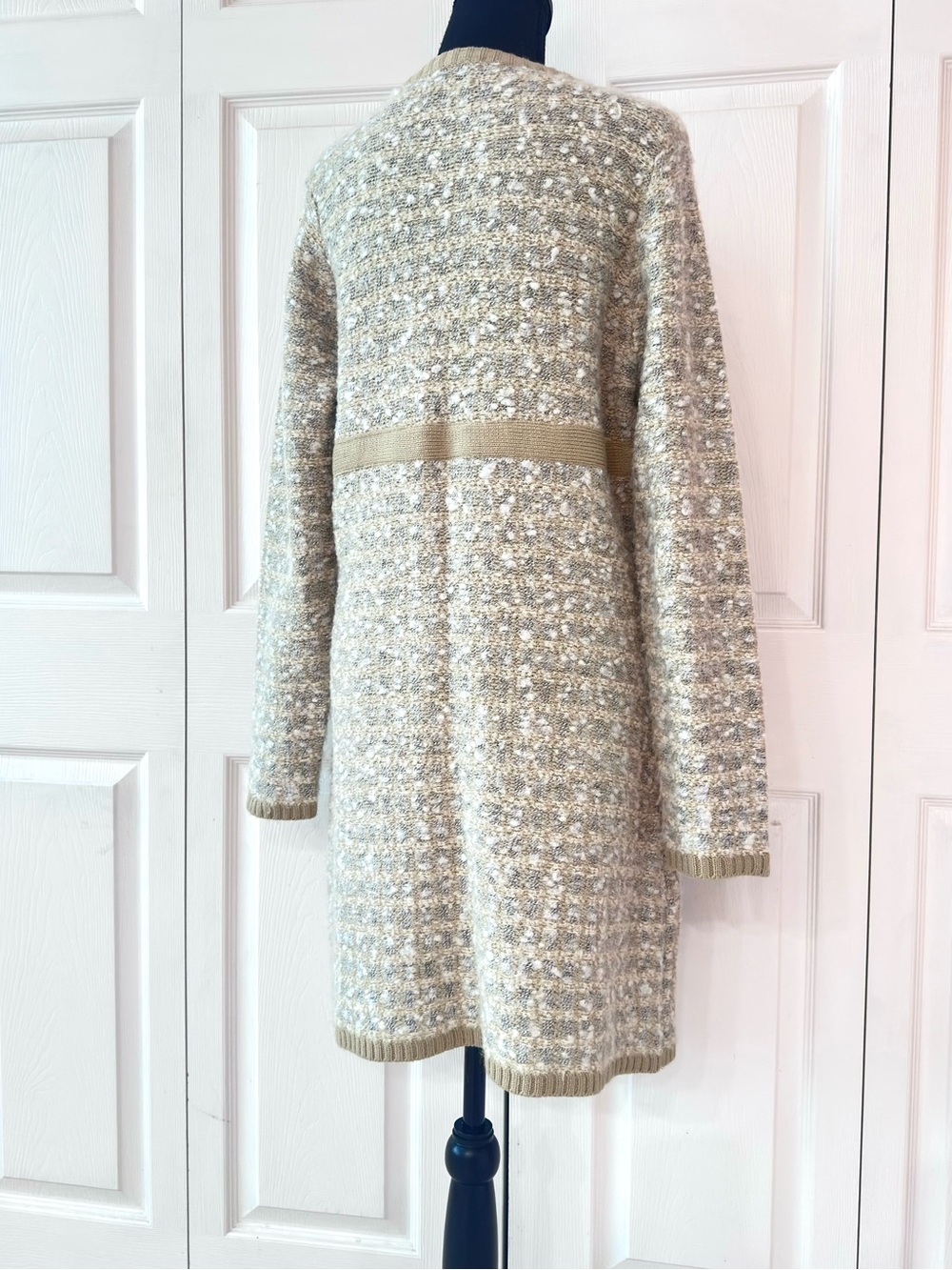 Beige/Gray/Cream Knit/Wool Long Open Front Cardigan with Attached Tie Belt - Picture 8 of 12